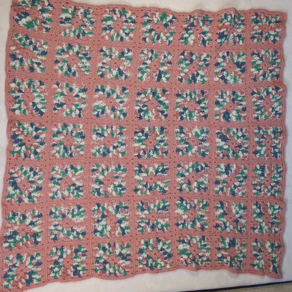 Handmade Crochet Granny Square Blanket Pink Blue Cottagecore Afghan Throw 41x45